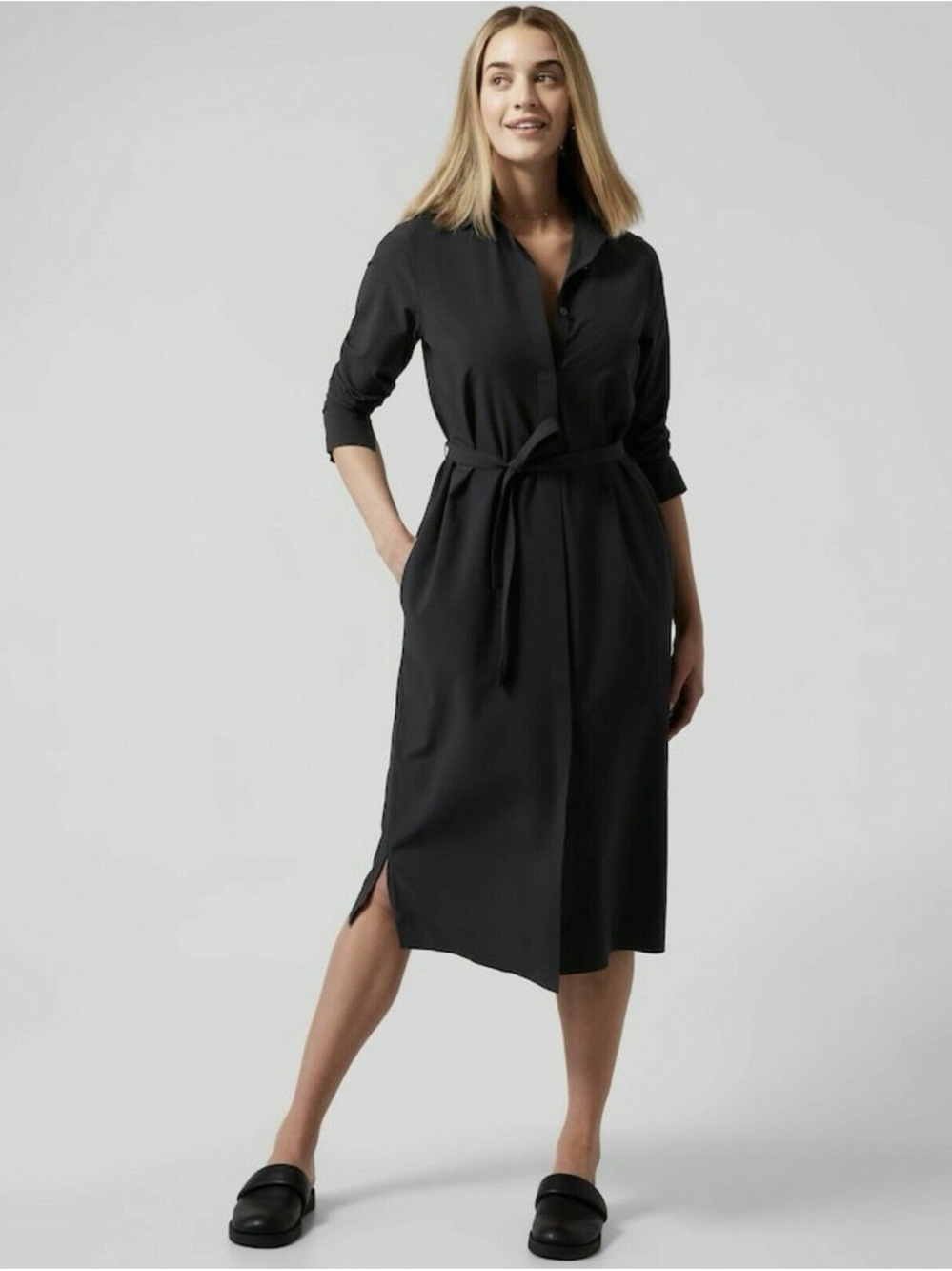 Athleta Black Urbanite Long Sleeve Shirt Dress with Self Tie